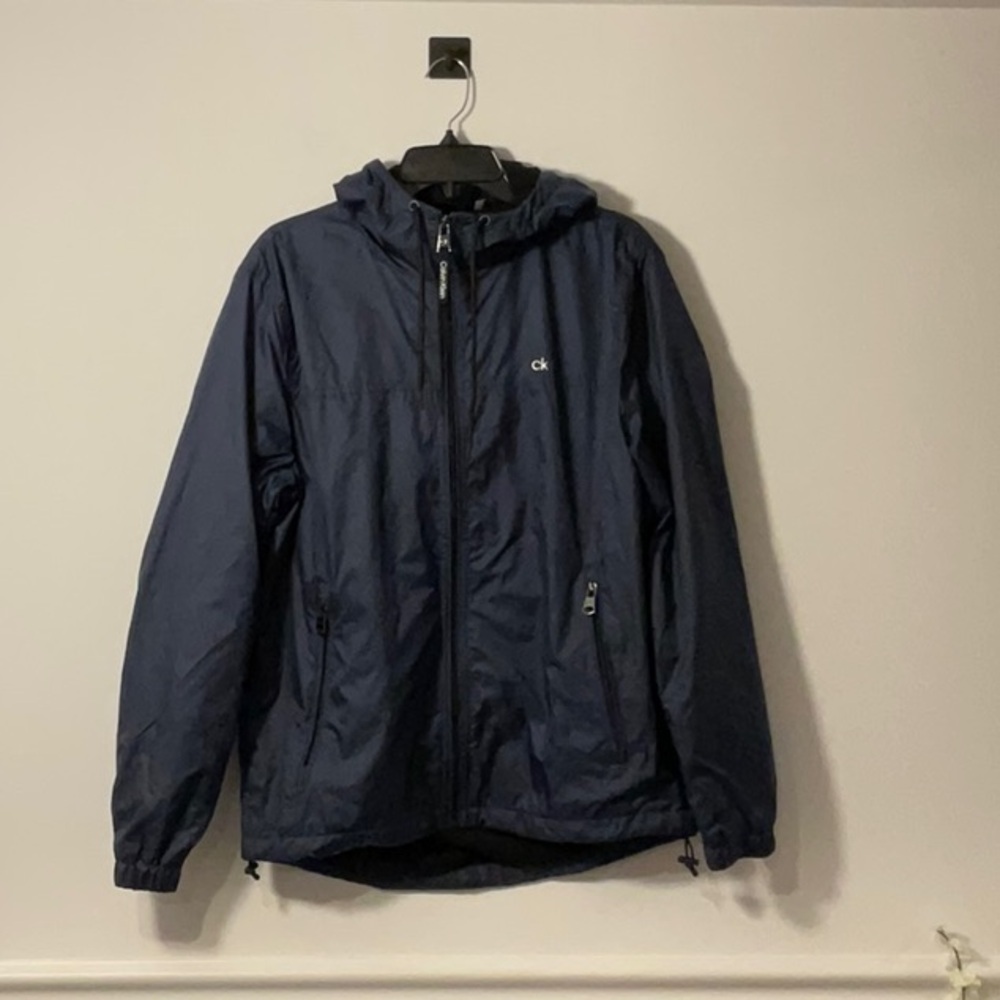 Calvin Klein Blue Windbreaker with Hood and Water-Resistant Finish